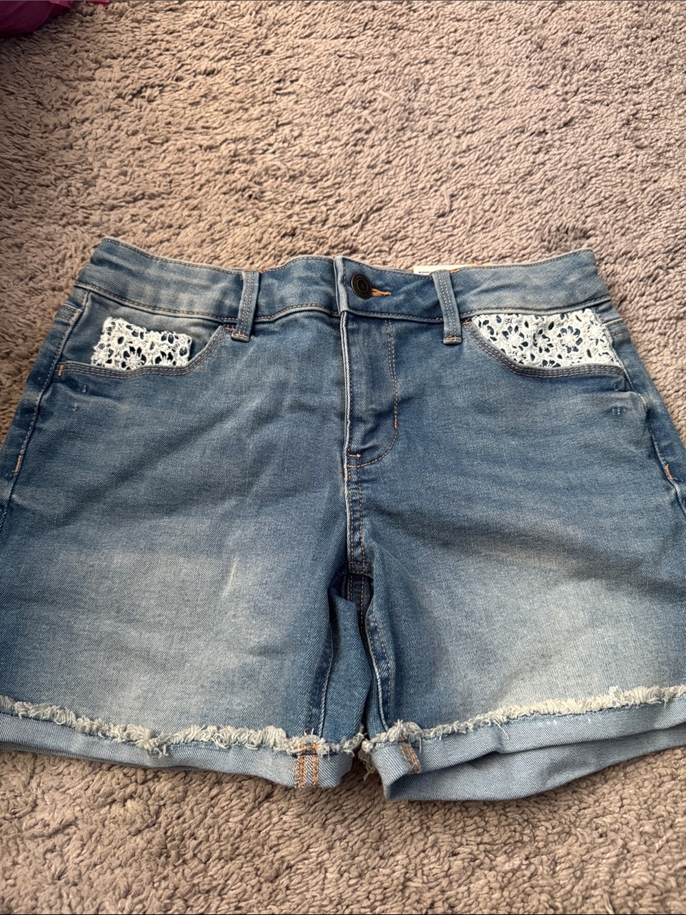 Girls SO Light Blue Denim Shorts with White Lace Pocket Trim
